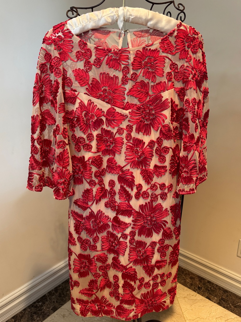 Trina Turk Red Floral Lace Bell Sleeve Dress